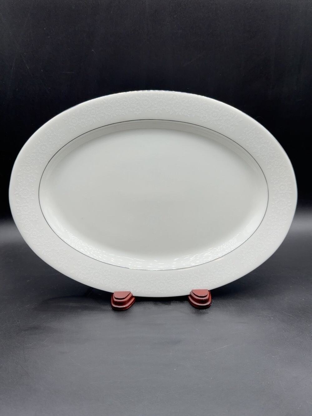 Dynasty Fine China White Floral Oval Serving Platter 13" Silver Trim Excellent